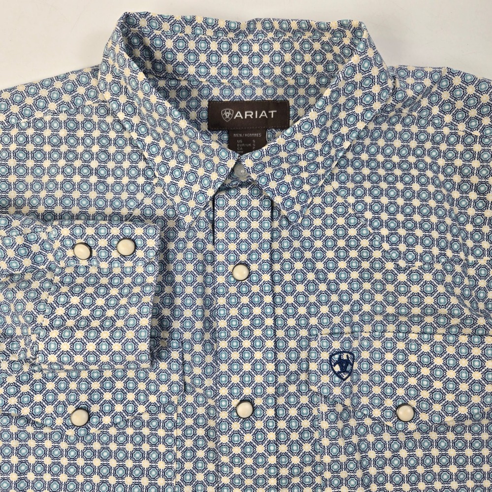 Ariat Button Down Shirt Mens S Blue Geometric Tile Print Pearl Snap Western Long